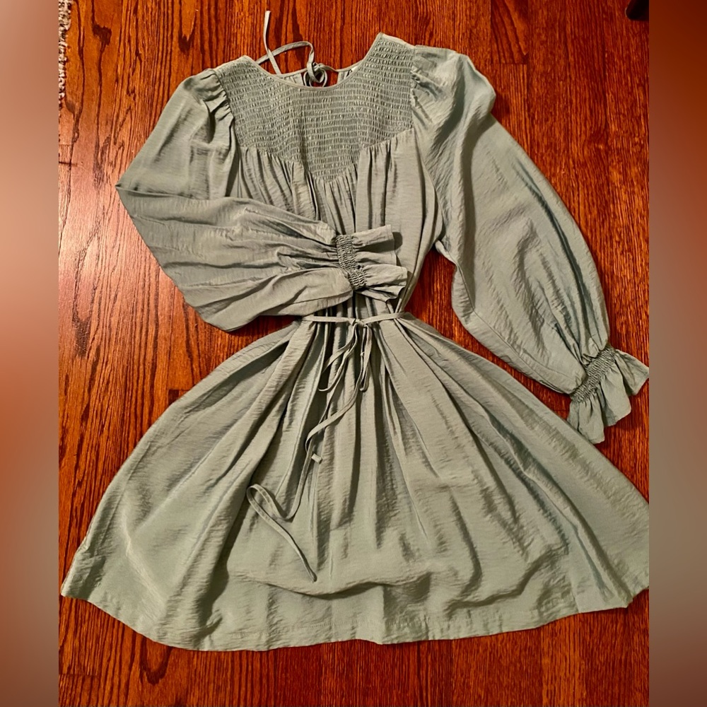 Long sleeve flowy, smocked, mint dress